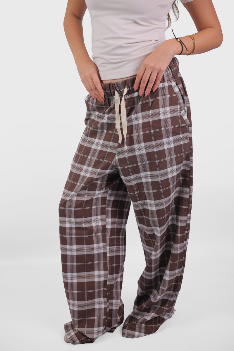 Brown Cotton Plaid Homewear Pants