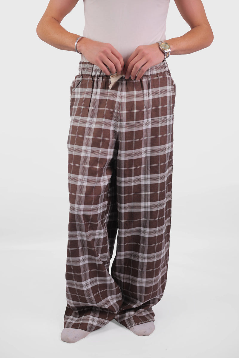 Brown Cotton Plaid Homewear Pants