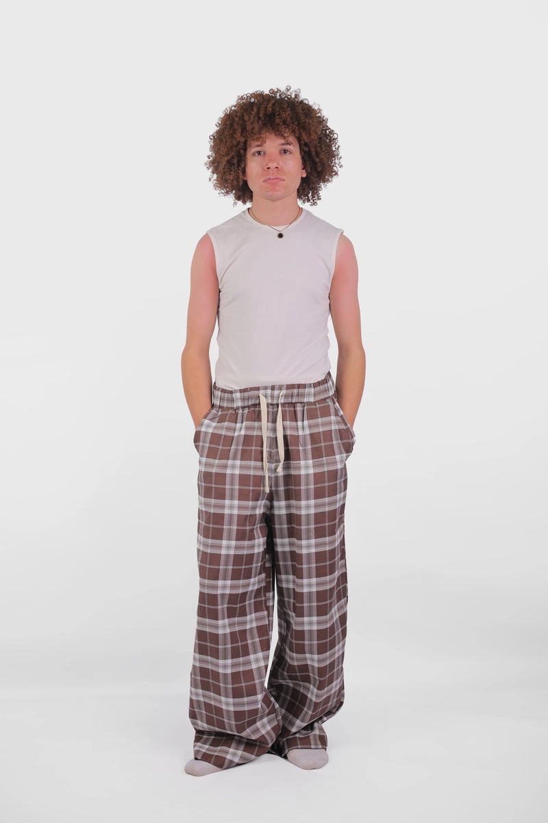 Brown Cotton Plaid Homewear Pants